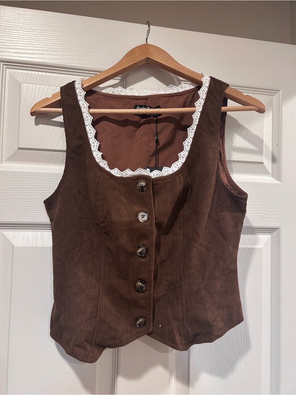 Brown Corduroy Button-Front Tunic Tank with White Lace Trim